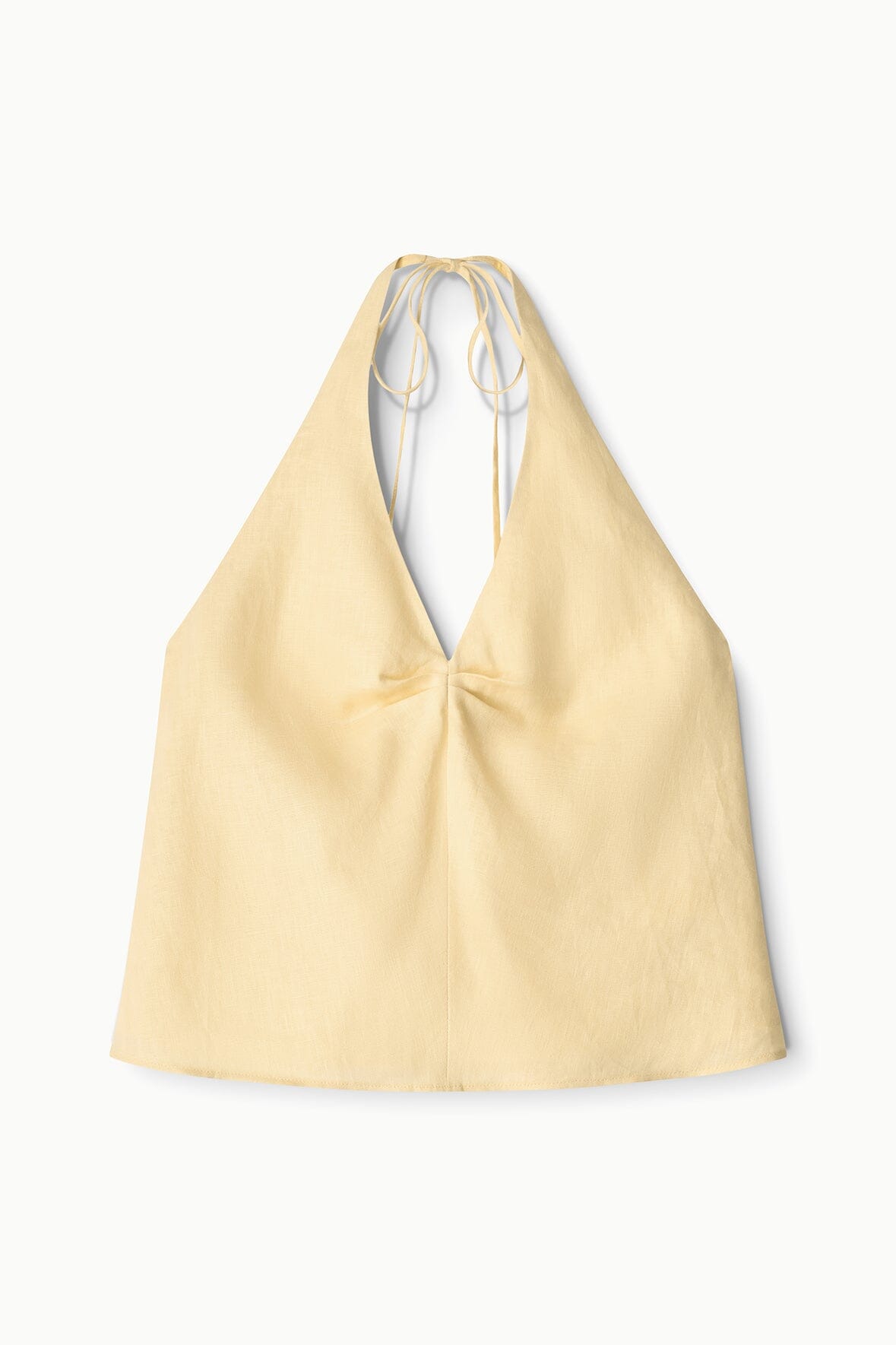 Butter linen halter top with V front knot and open-back neck ties