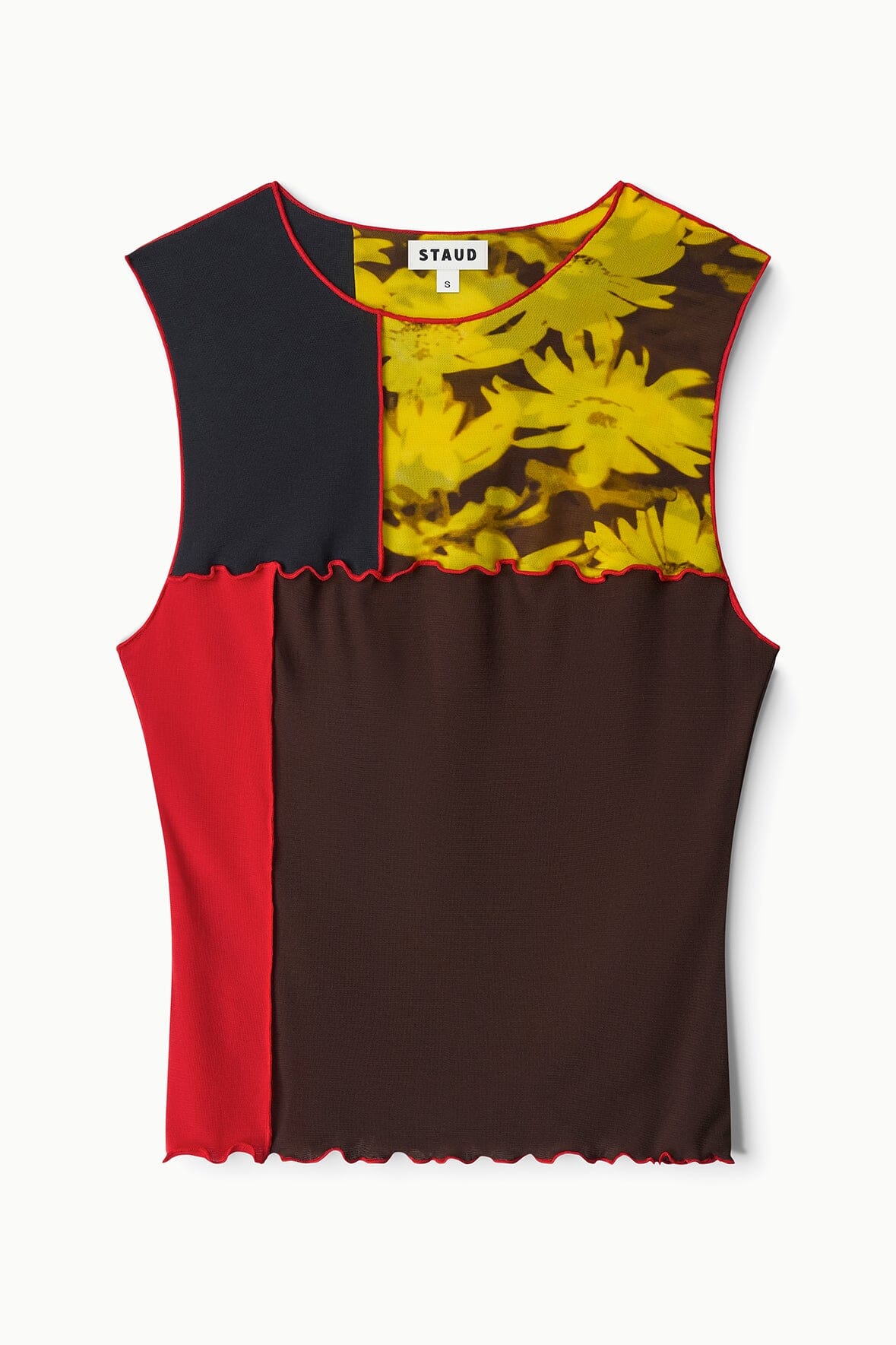 Primo top flat lay: dark brown body with yellow floral front, red side panel, scalloped hem