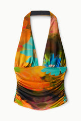 ALESSANDRA halter top, multicolor floral print with ruched lower hem