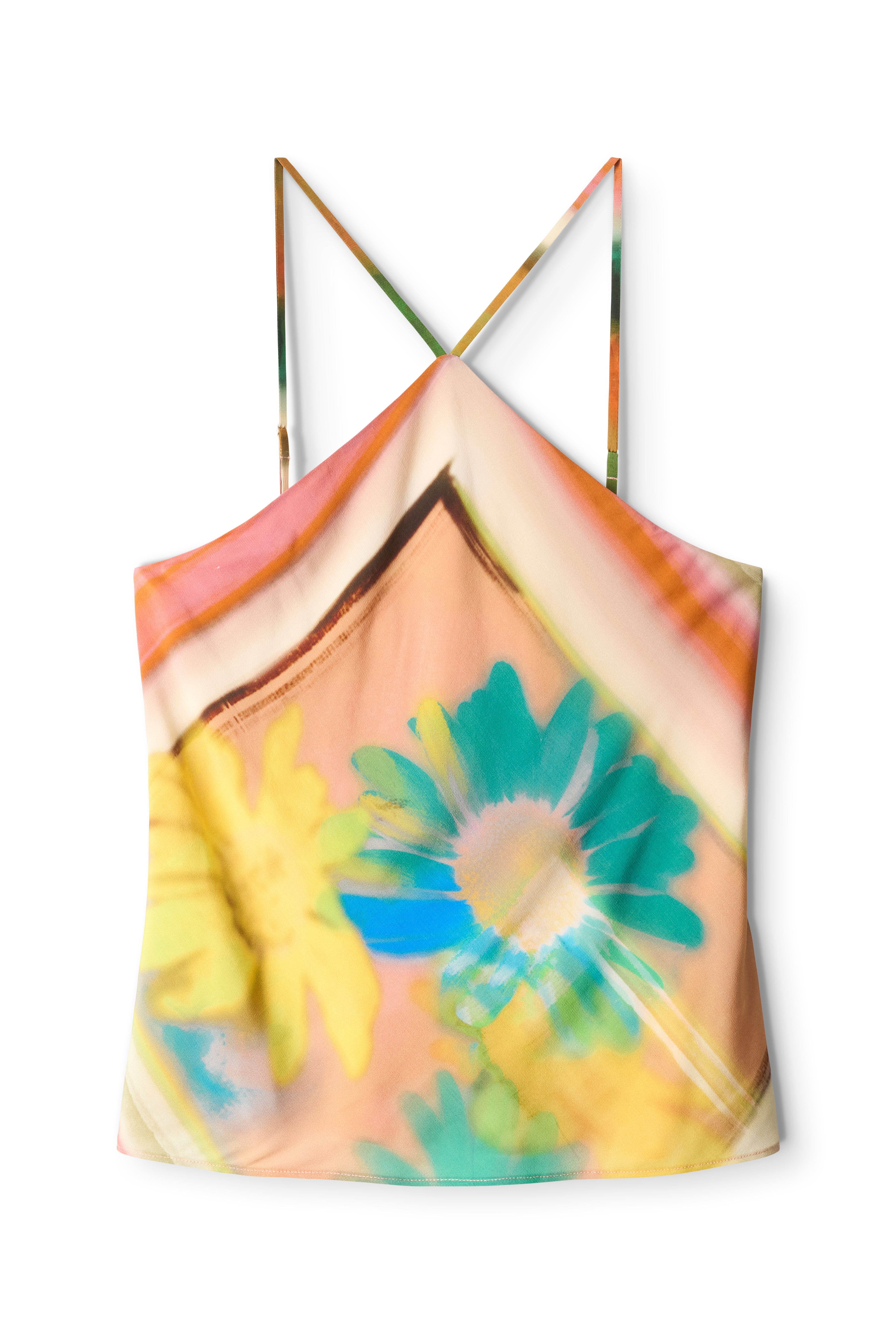Floral multicolor camisole top with spaghetti straps and V-neck, abstract flower print