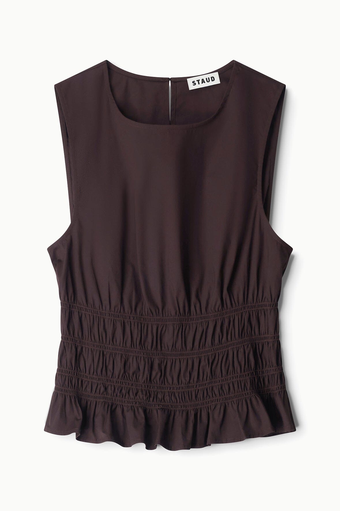 Brown sleeveless peplum top with smocked waist and flared ruffle hem