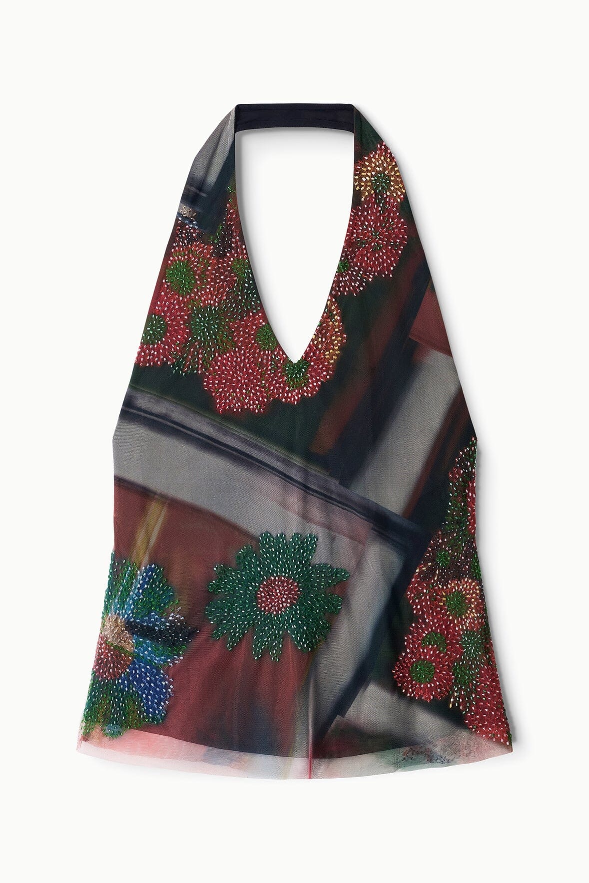 Halter beaded top with open V neckline, dark floral print and sheer overlay