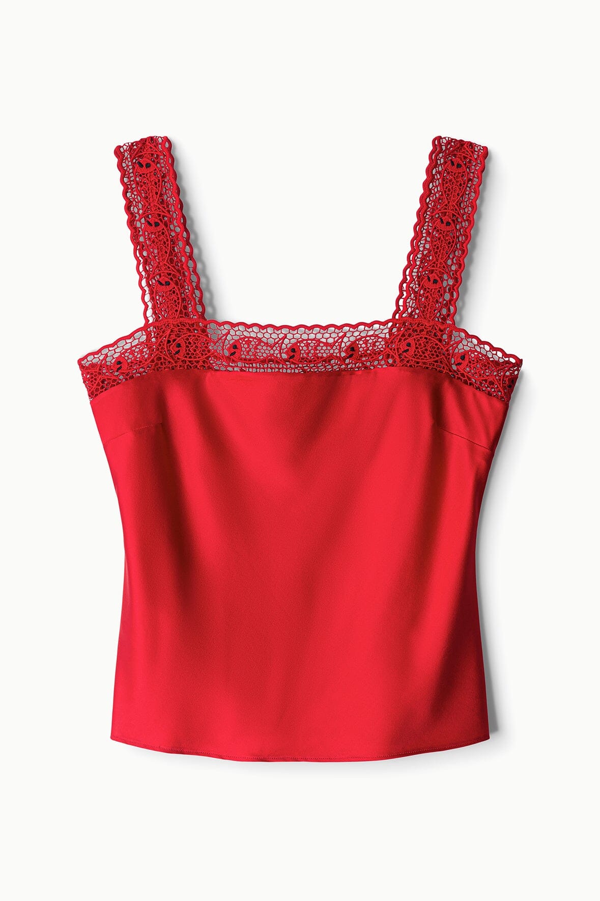 Tomato red silk cami top, lace-trim neckline and two lace shoulder straps