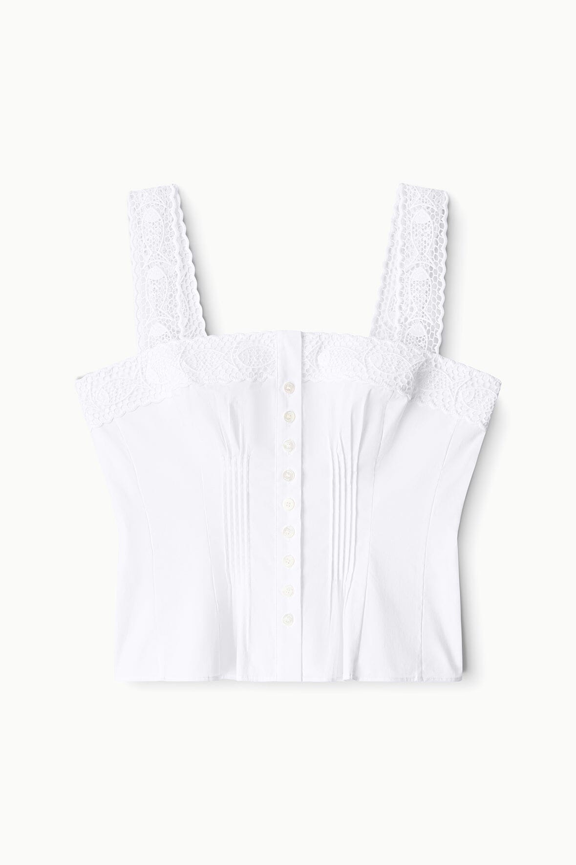 White sleeveless lace camisole top with button front and structured bodice