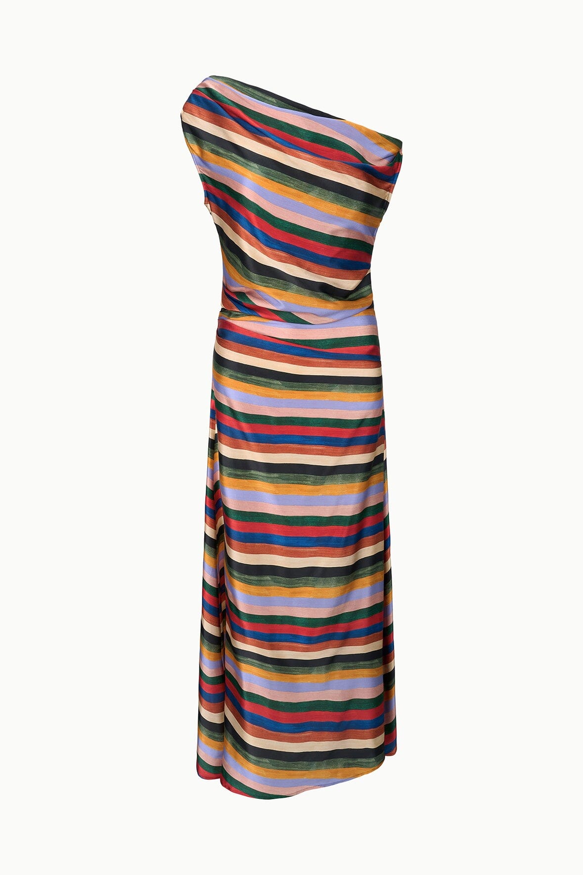 Striped silk maxi dress with one-shoulder drape and sleeveless neckline