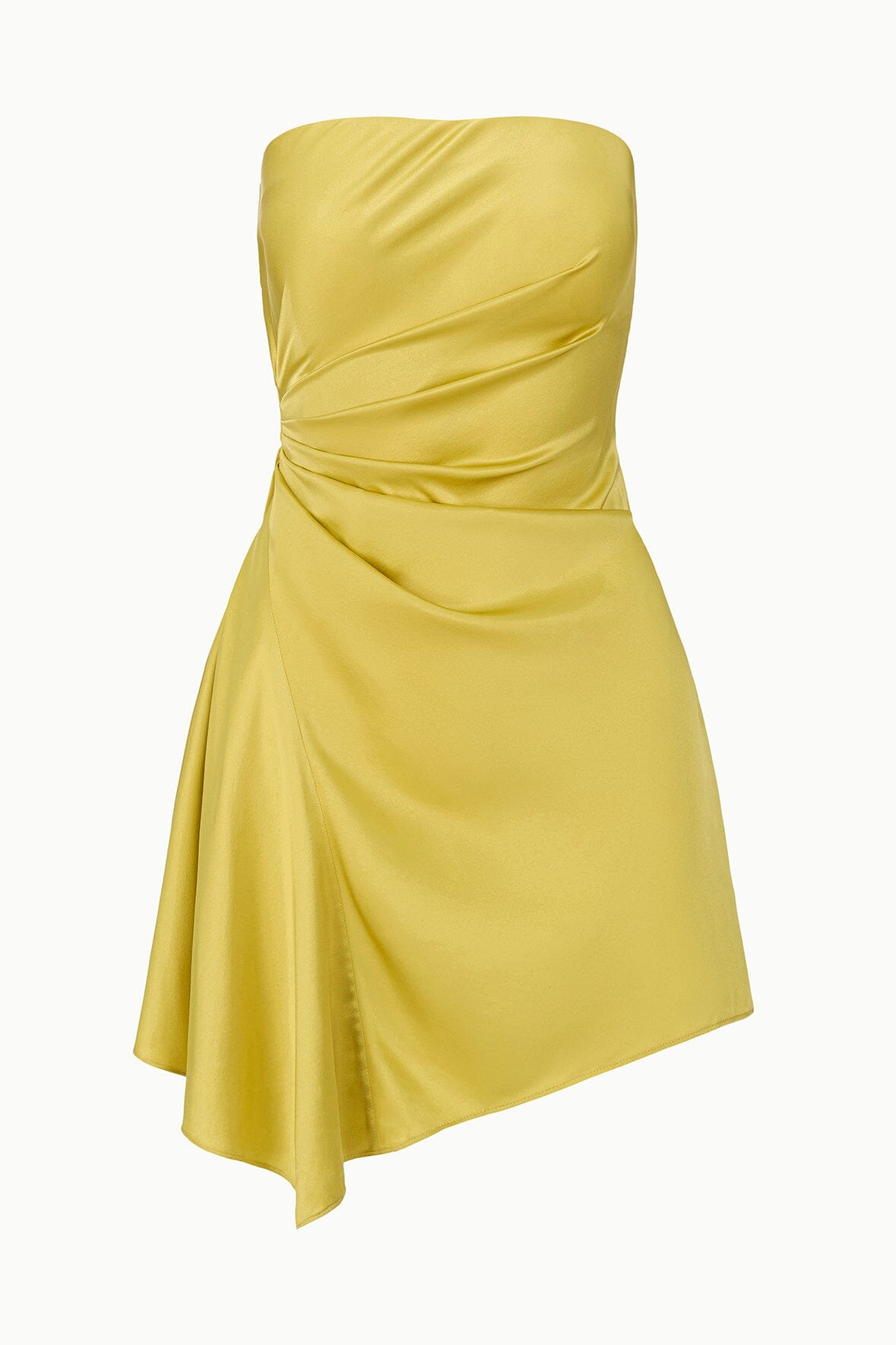 Citron yellow silk strapless mini dress close-up with ruched bodice and skirt drape
