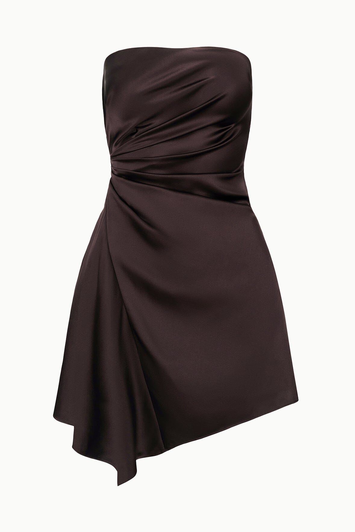 Close-up strapless ruched satin mini dress in dark brown with gathered bodice