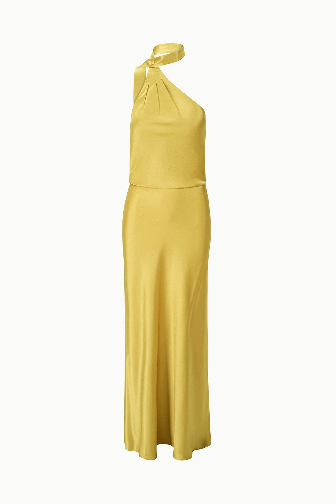 Citron yellow satin halter maxi dress, knotted neck detail, long column silhouette