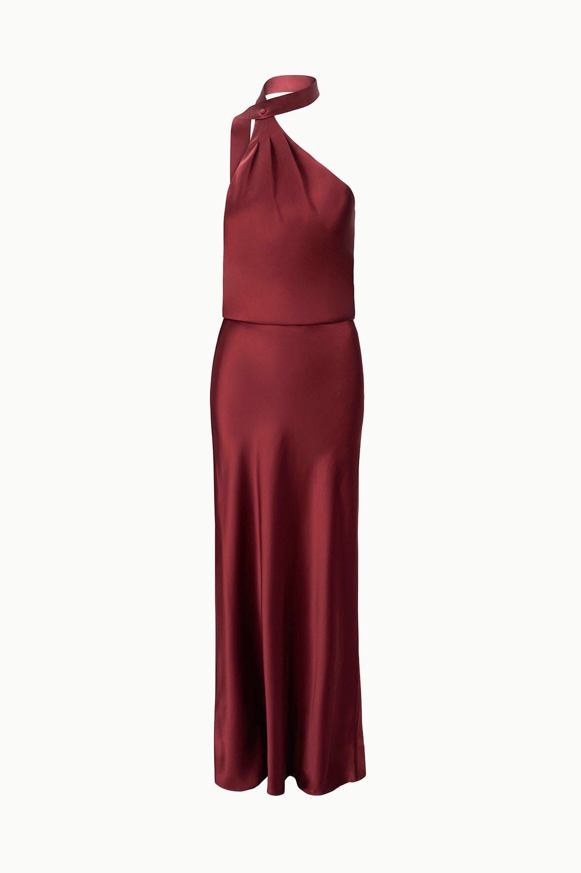 Wine satin halter maxi dress with neck tie and open back, draped skirt.