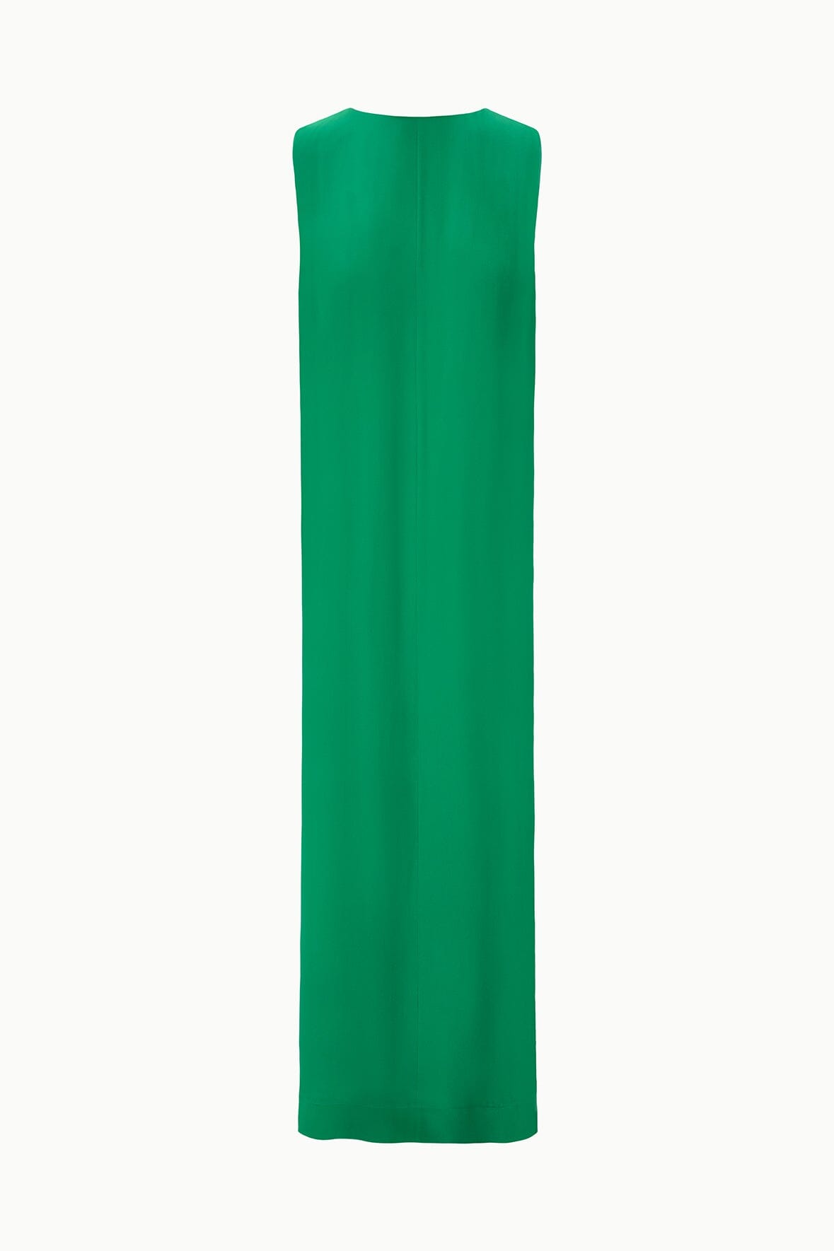 Green sleeveless maxi silk dress, back view with center seam