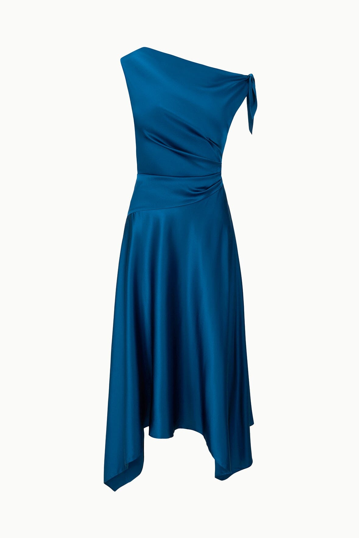 Teal-blue one-shoulder silk midi dress with side-tie knot and asymmetrical hem