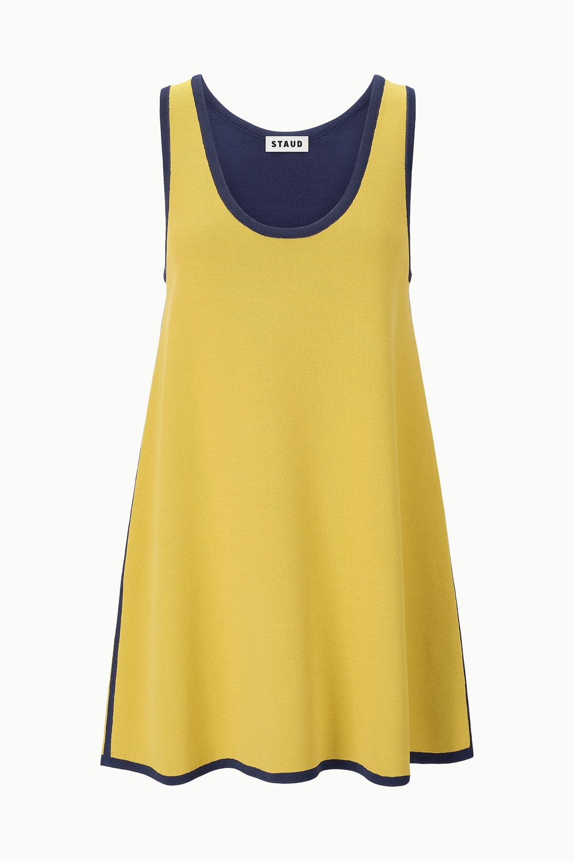 Yellow sleeveless dress with navy U-neck trim and inner neck brand tag