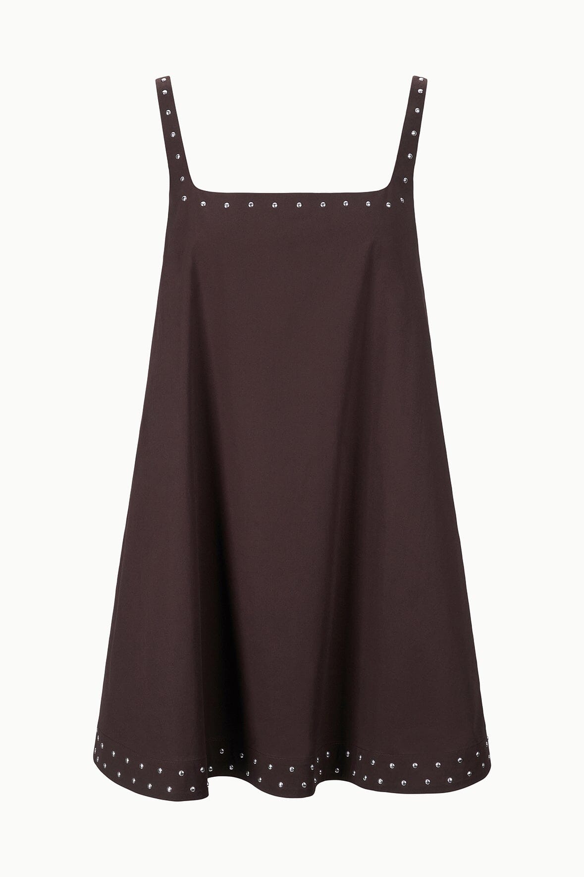 Dark brown sleeveless shift dress flat lay with square neckline and studded hem border