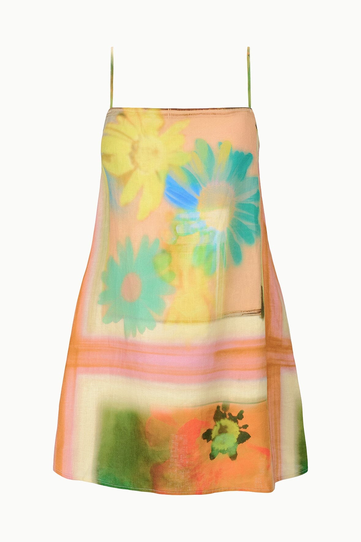 Multicolor floral linen mini dress close-up showing print and spaghetti straps