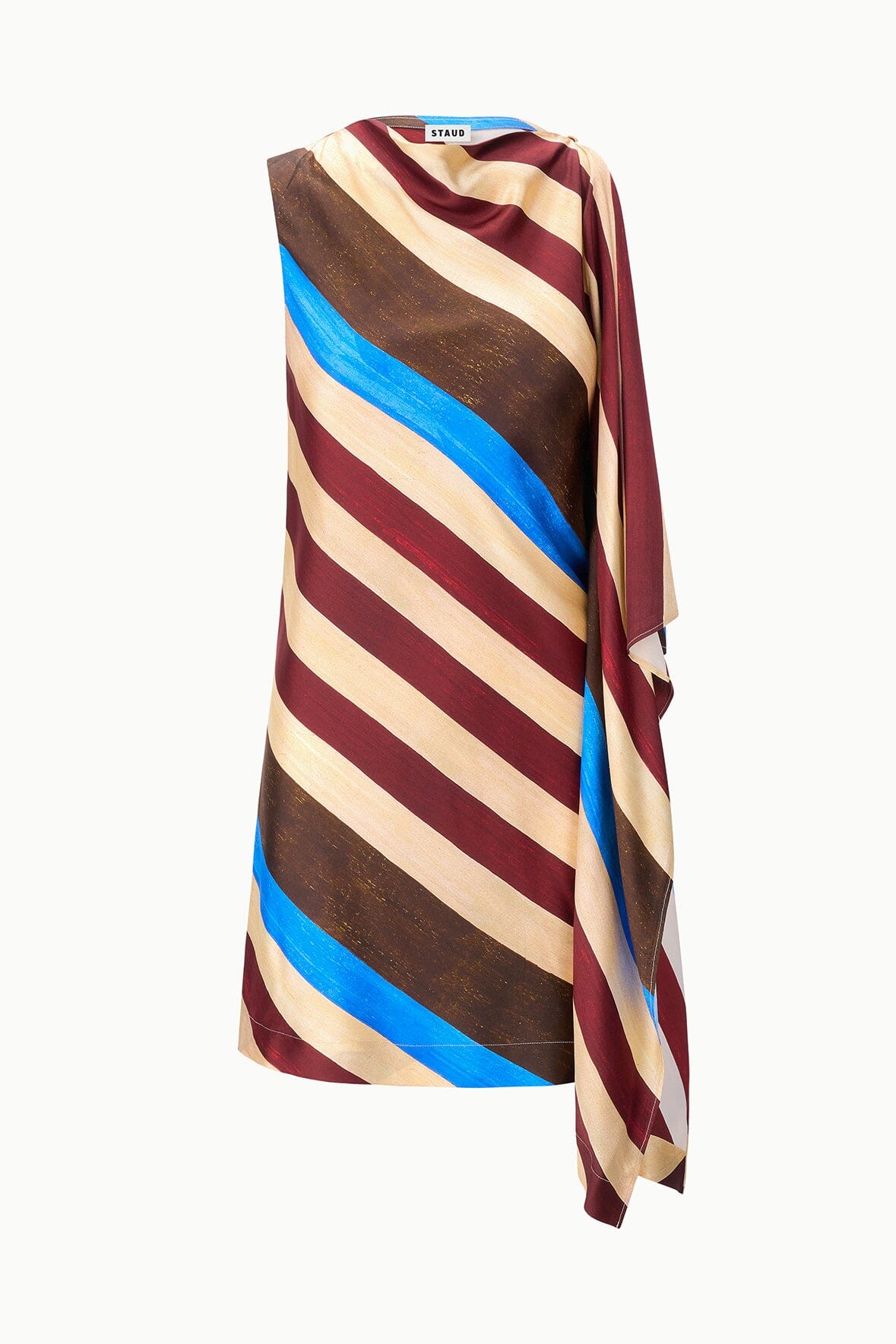 Striped silk dress, sleeveless with diagonal drape panels in brown, cream, burgundy, blue