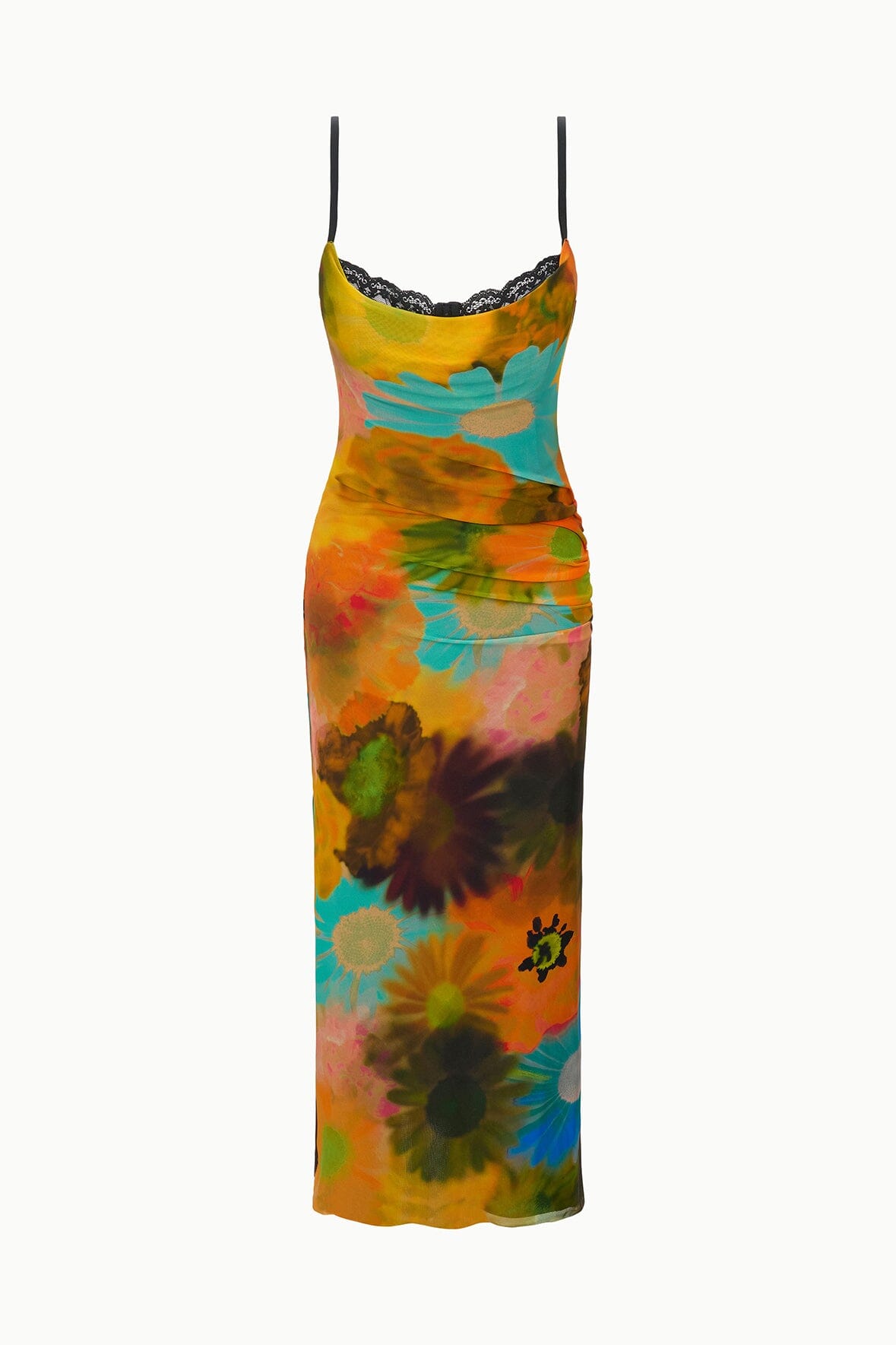 Sleeveless midi dress with multicolor floral print, black lace-trim neckline and straps