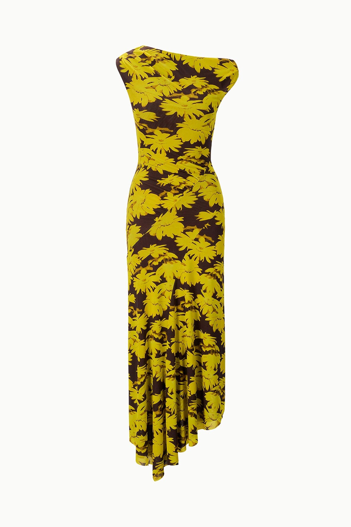 Floral printed maxi dress, draped off-shoulder silhouette, yellow on dark