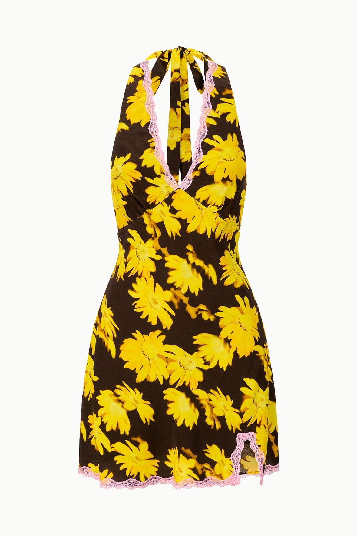 Back halter mini dress with yellow daisy print, gathered neck tie straps