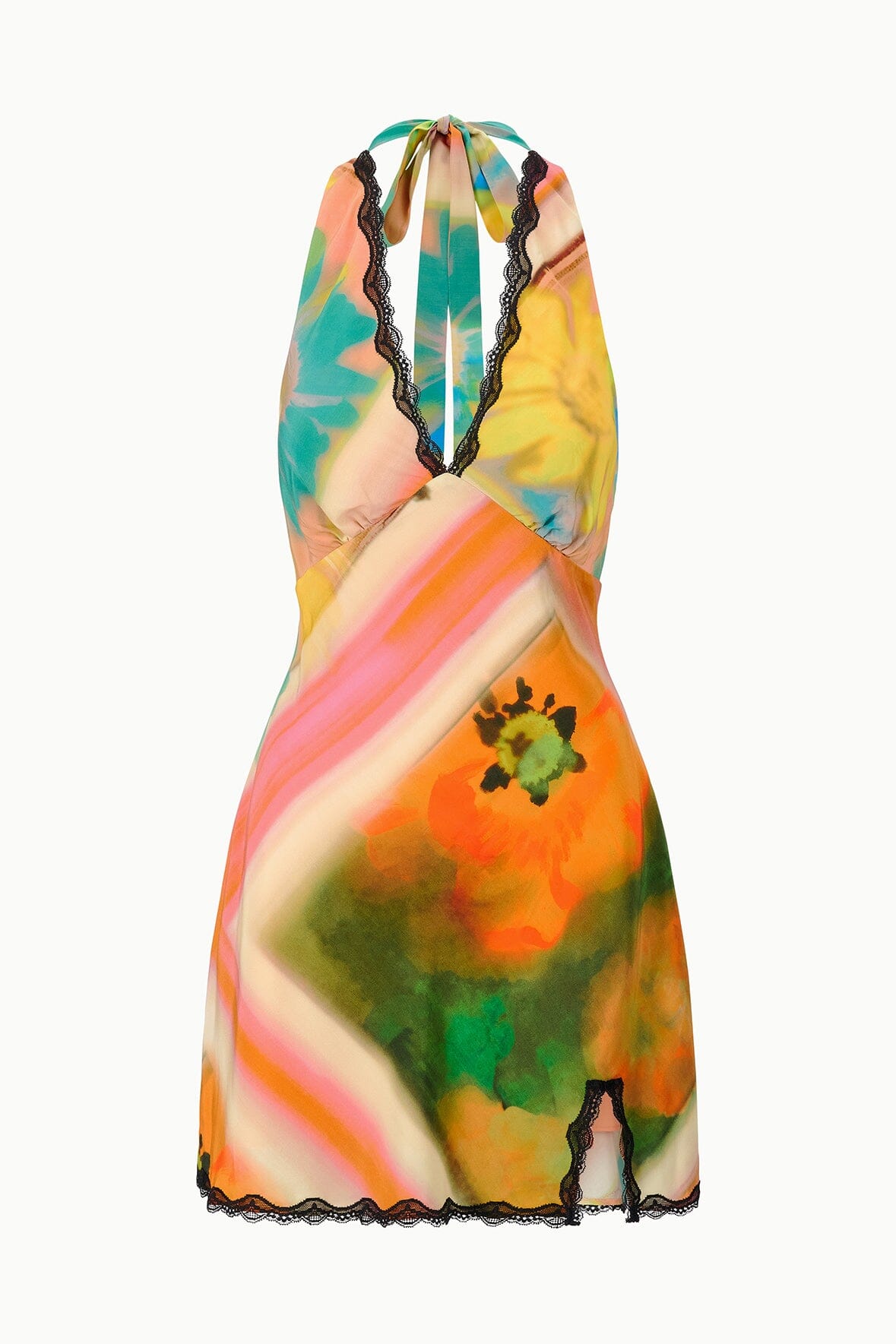 Multicolor mini dress with black lace trim, open back tie detail, scarf print