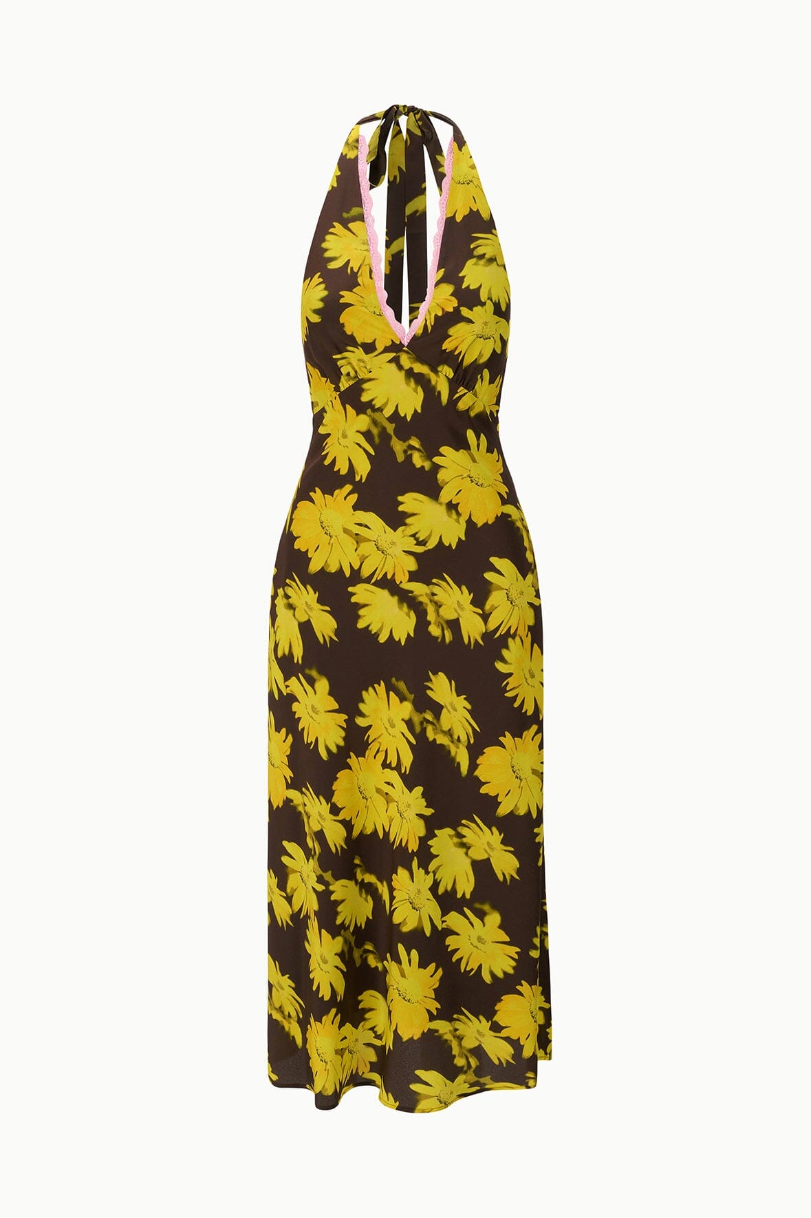 Back view of floral halter dress with open keyhole and tie; yellow daisies on black.