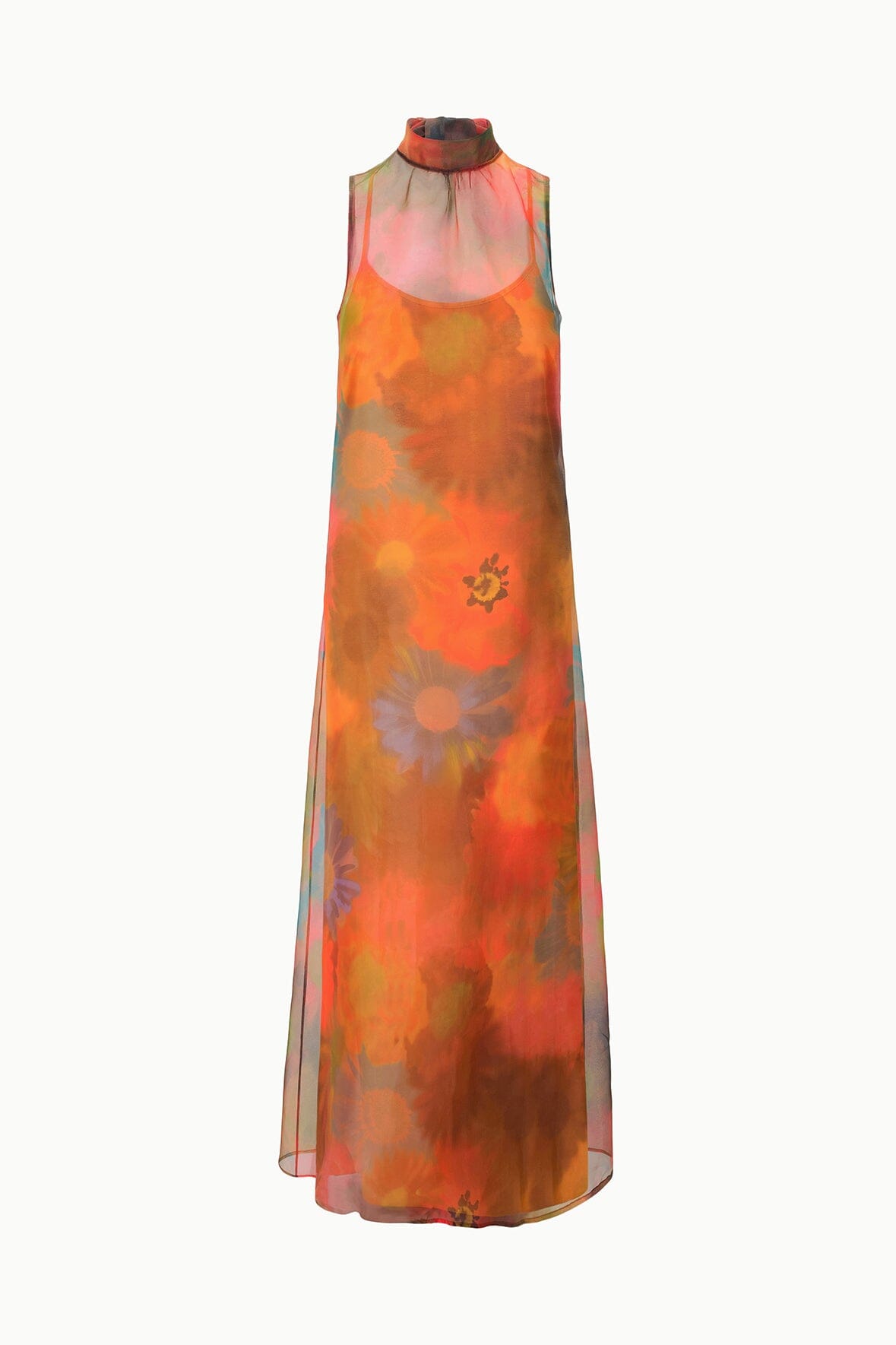 ALBEE dress in orange and blue floral sheer maxi, sleeveless high-neck design
