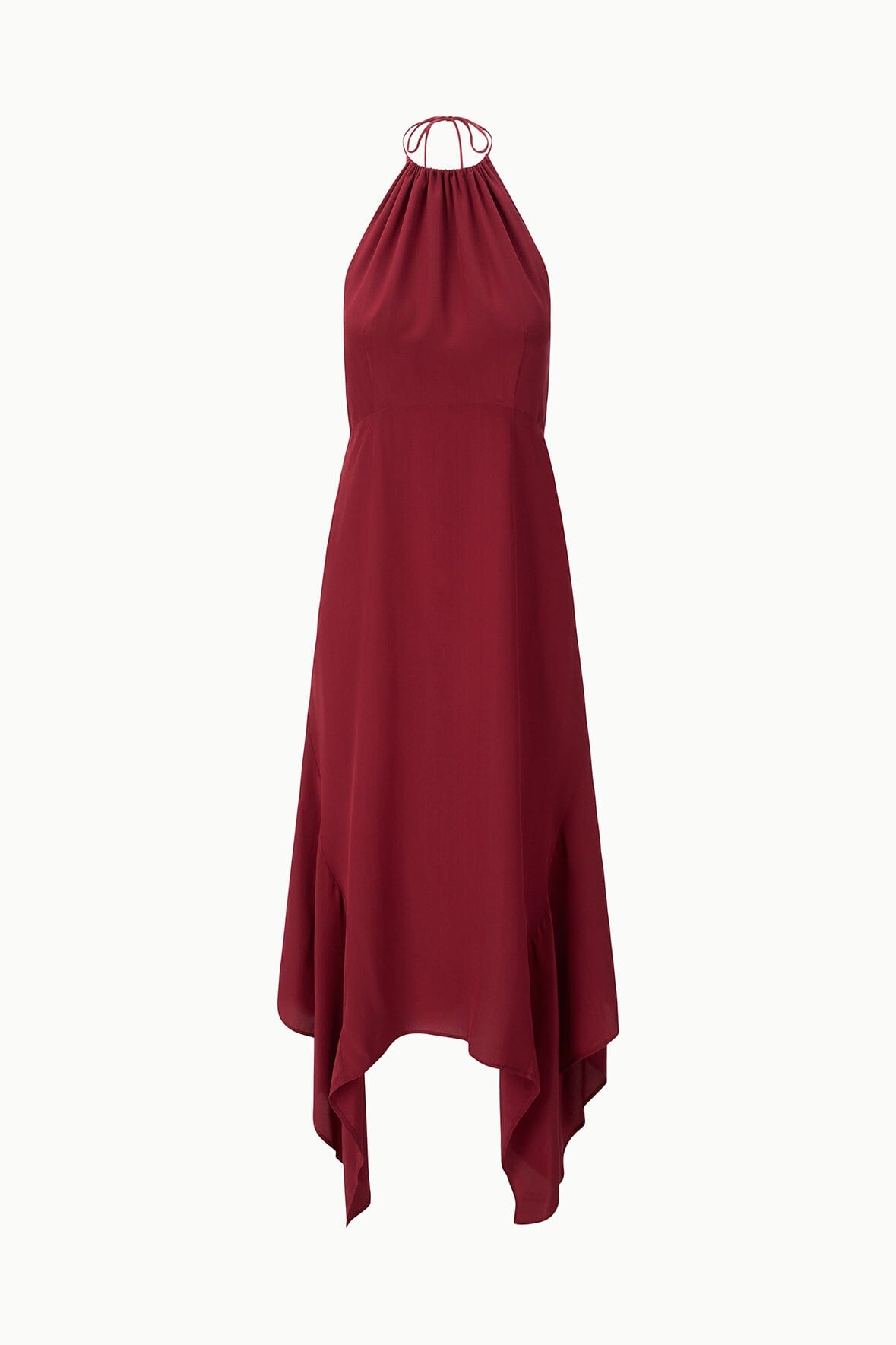 Silk halter dress dark red on hanger, sleeveless with tied neck straps