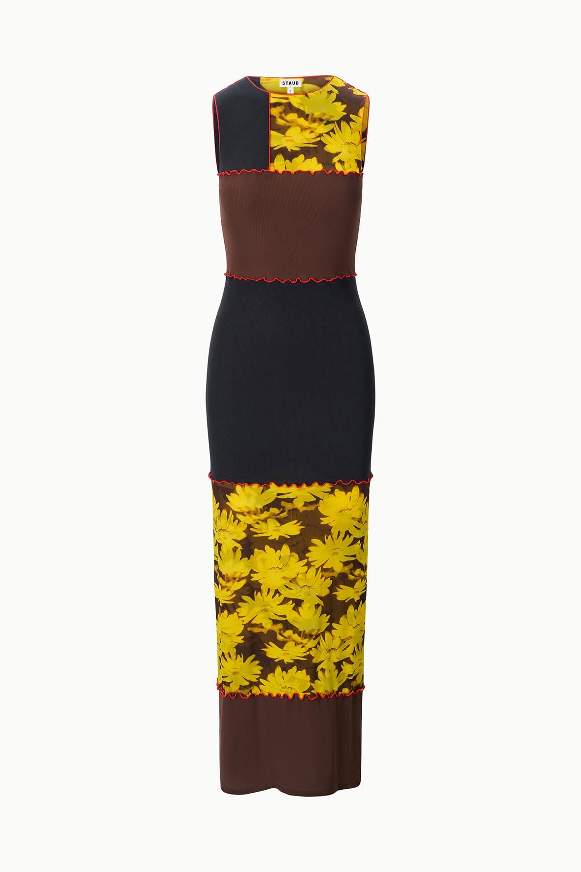PRIMO sleeveless maxi dress on hanger, yellow daisy print skirt with black and brown bodice