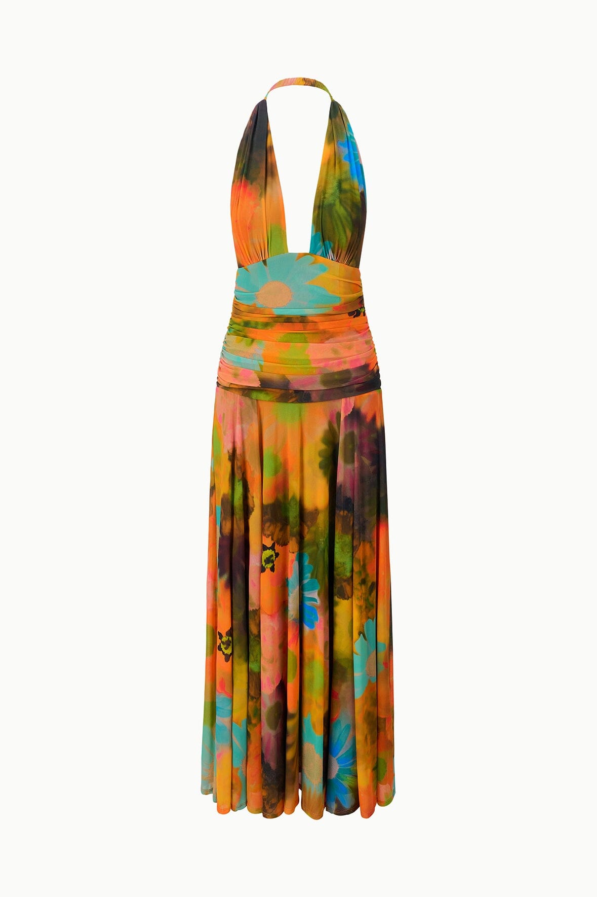 ALESSANDRA halter maxi dress with open back, multicolor abstract print, gathered bodice
