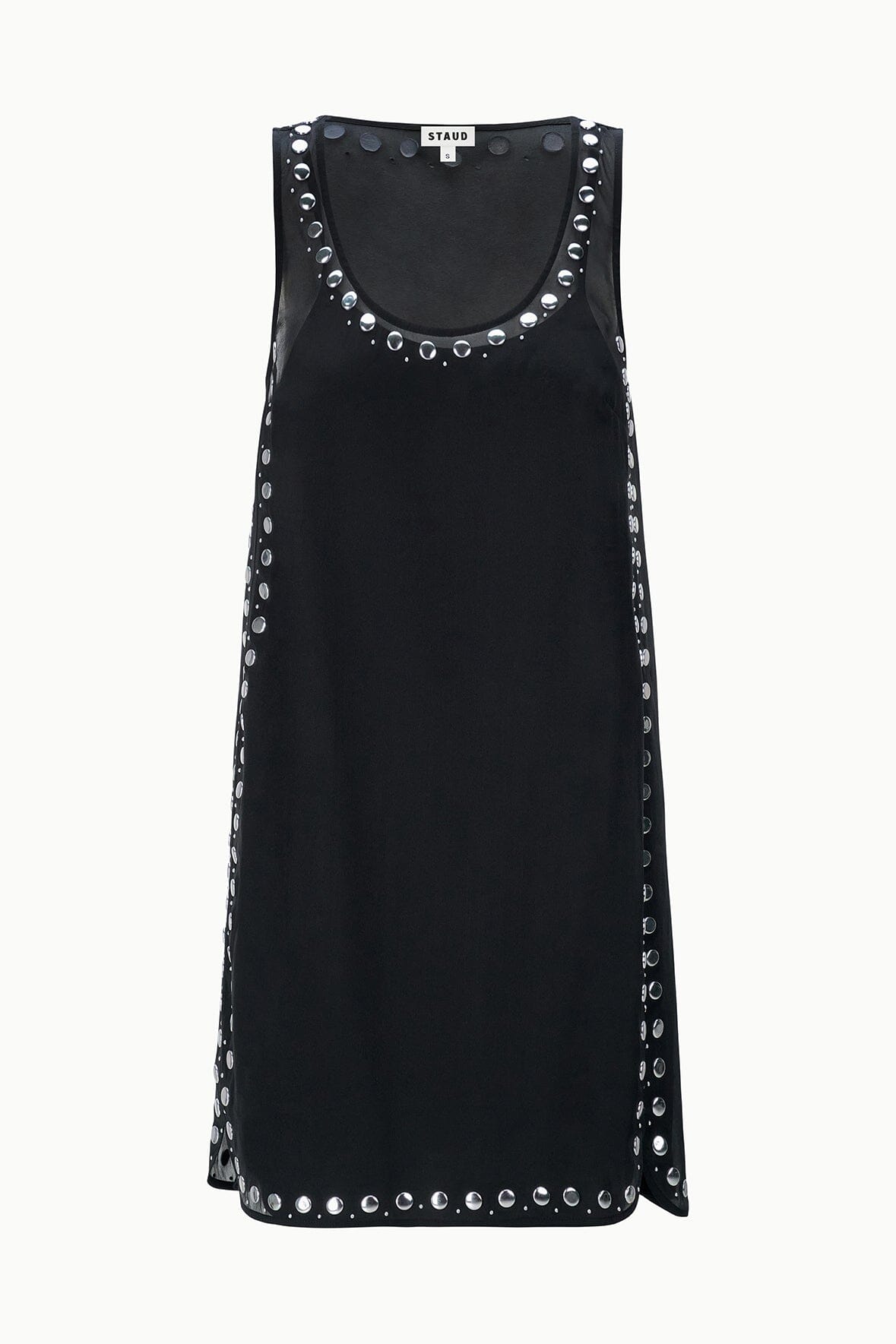 Black sleeveless mini dress with stud embellishment along neckline and edges