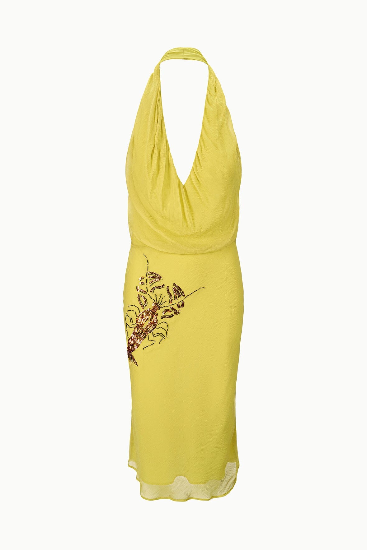 Citron yellow halter dress with embroidered insect motif on front