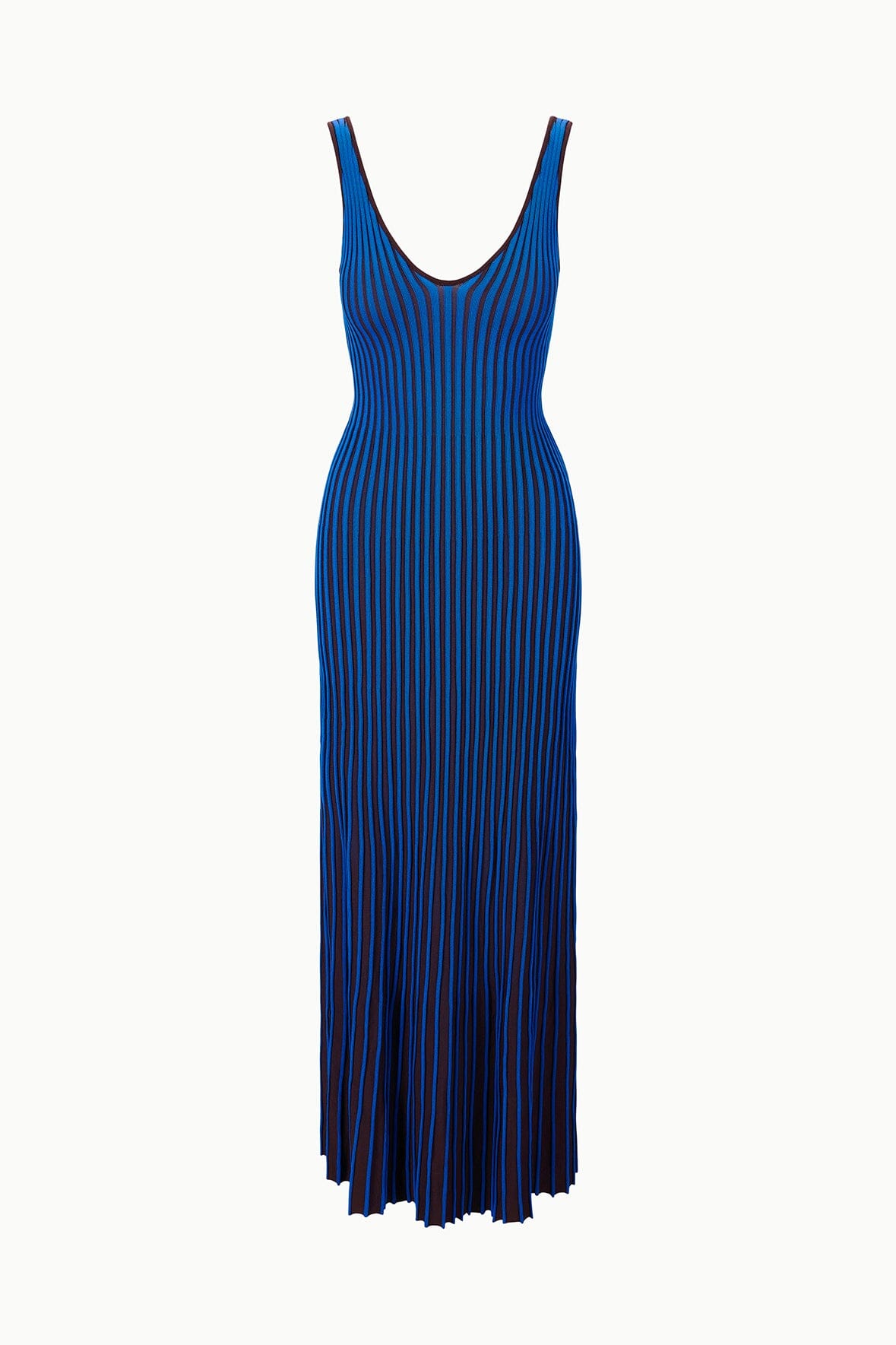 Sleeveless V-neck maxi dress with vertical cobalt and dark stripes, full front