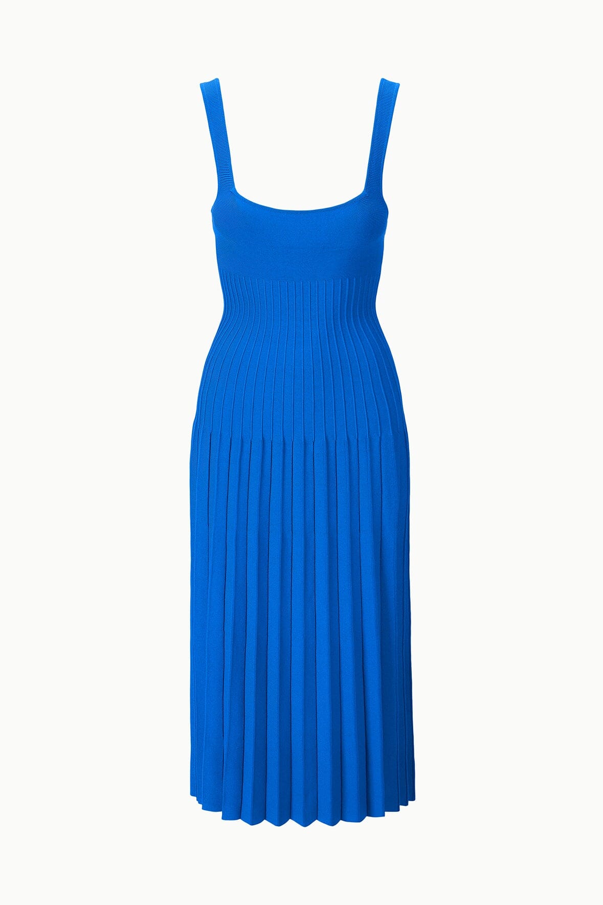 Cobalt blue sleeveless midi knit dress flat lay with square neckline and pleated skirt