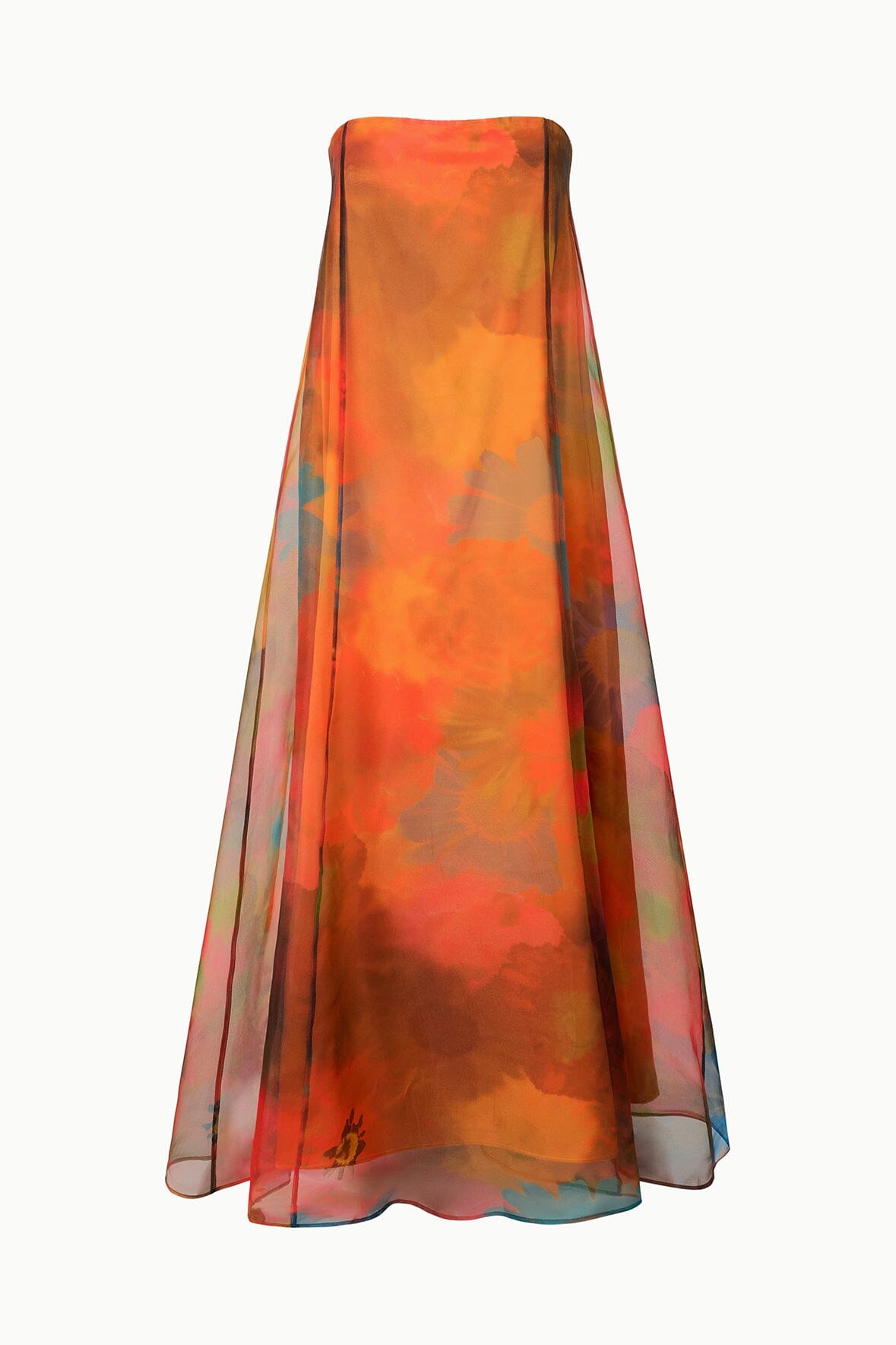 Strapless maxi dress on mannequin, abstract orange and teal floral pattern