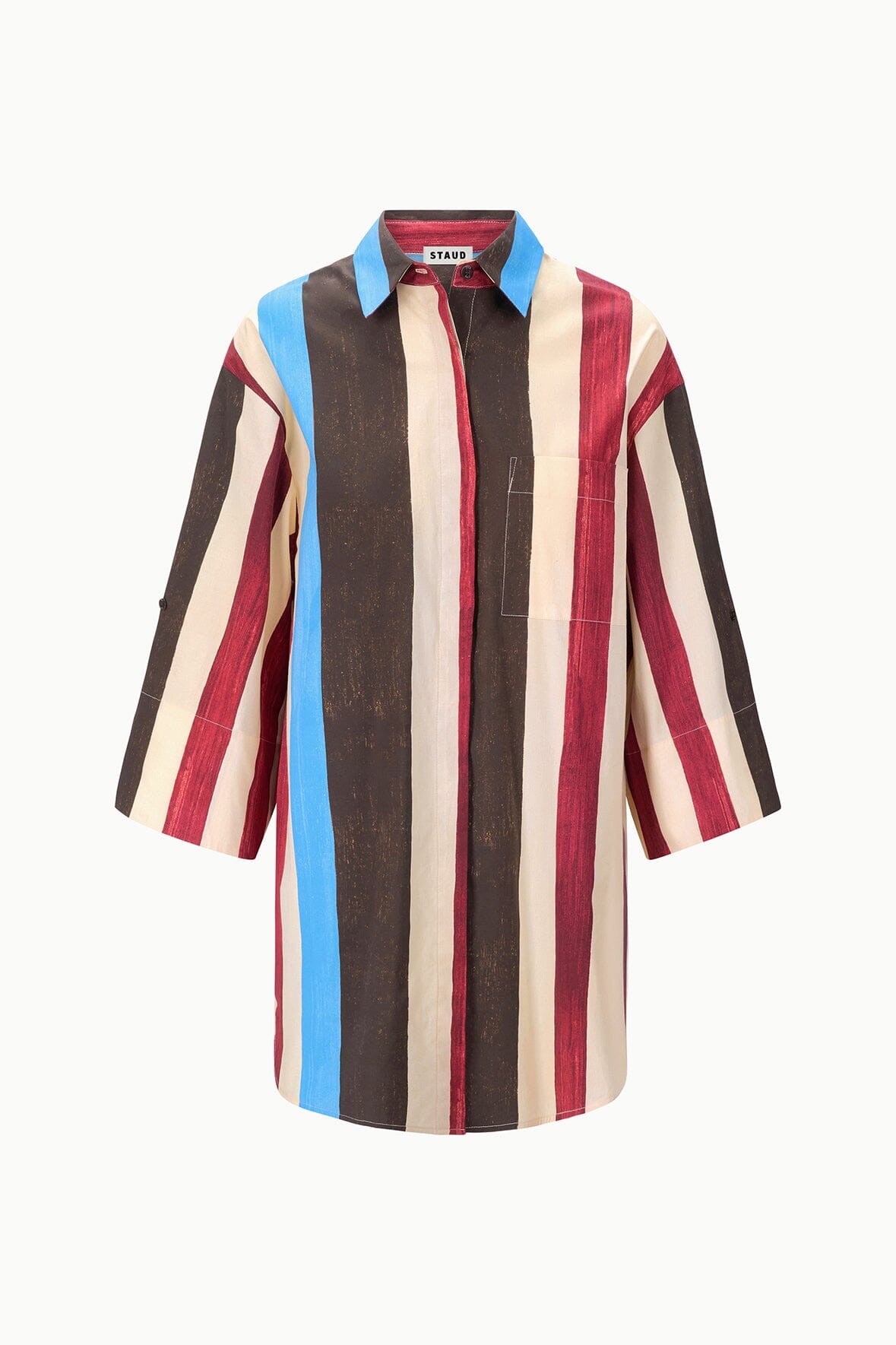 Collared shirt dress with vertical stripe pattern in brown, cream, red & blue