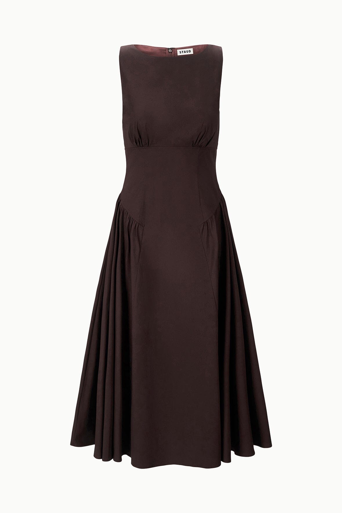 Brown sleeveless midi dress on hanger, fitted bodice with gathered waist and flare.