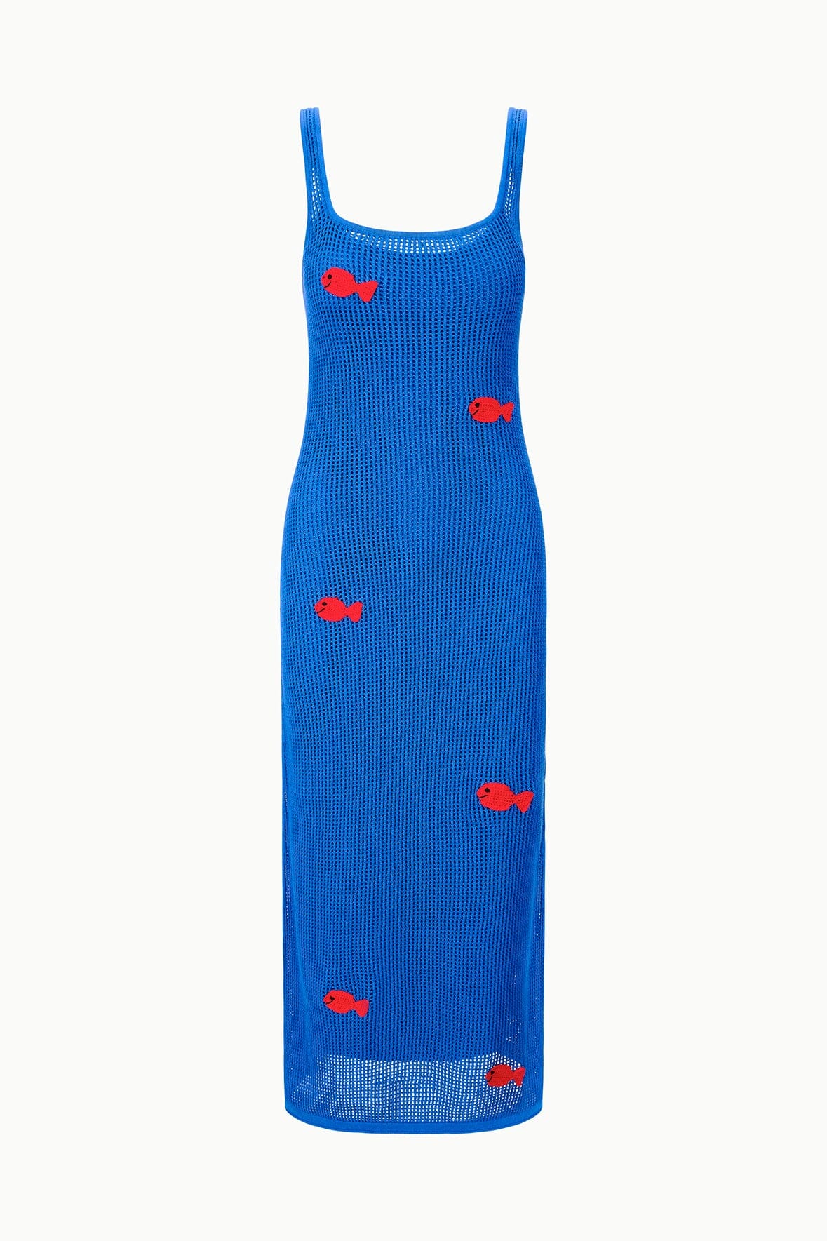 Sleeveless blue knit midi dress with red fish motifs