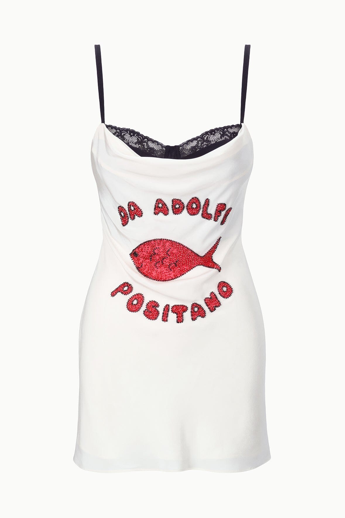White spaghetti-strap mini dress with black lace trim and red fish sequin graphic