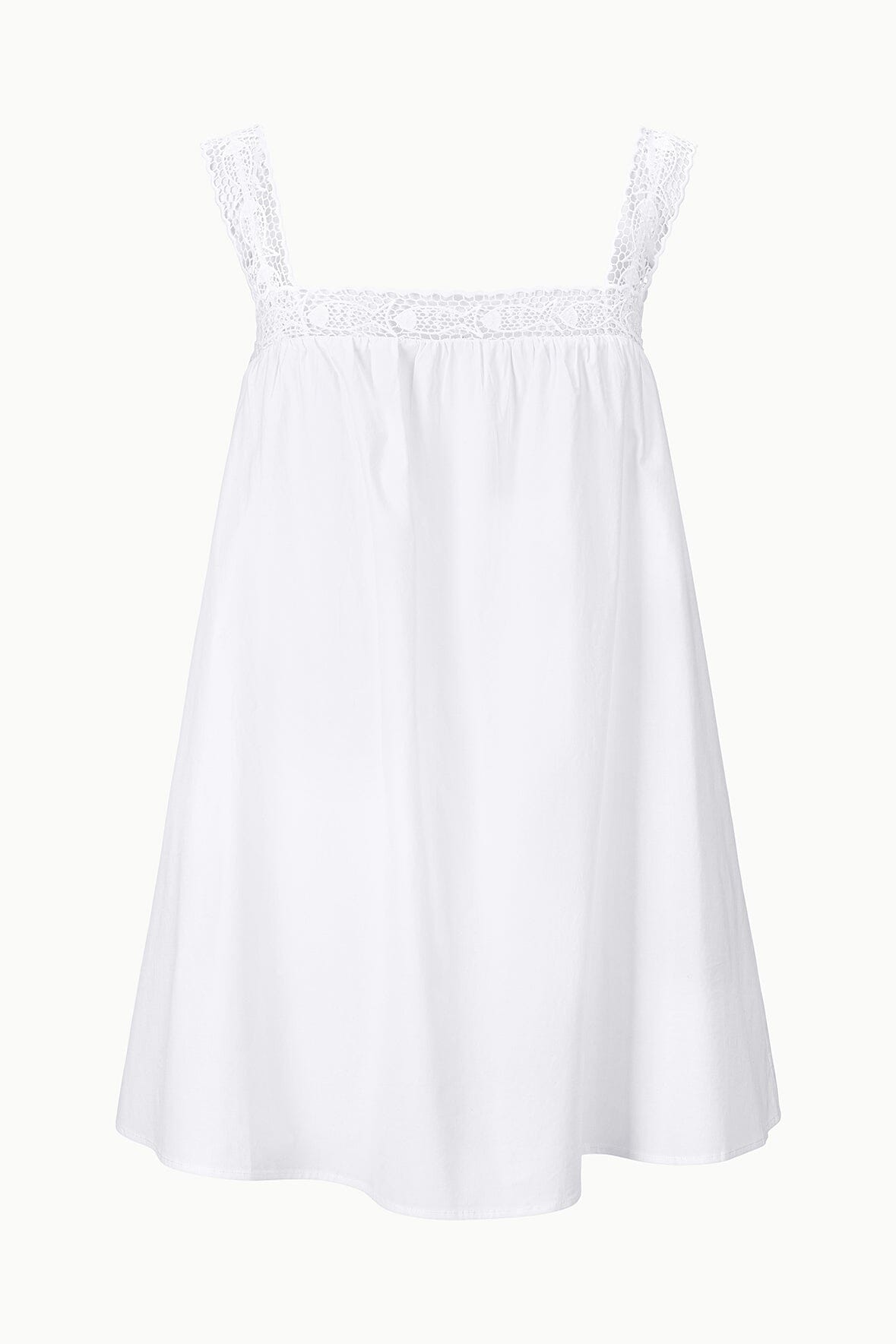 White sleeveless mini dress flat lay with lace-trim neckline and gathered skirt