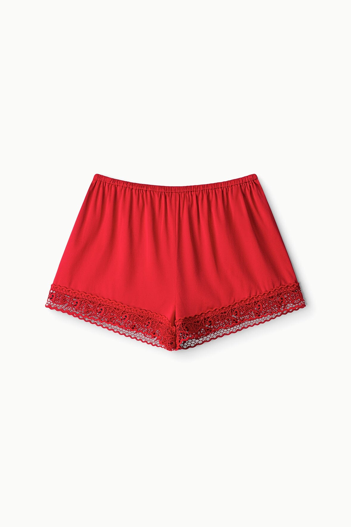 Tomato red silk shorts flat lay with gathered waistband and lace-trim hem