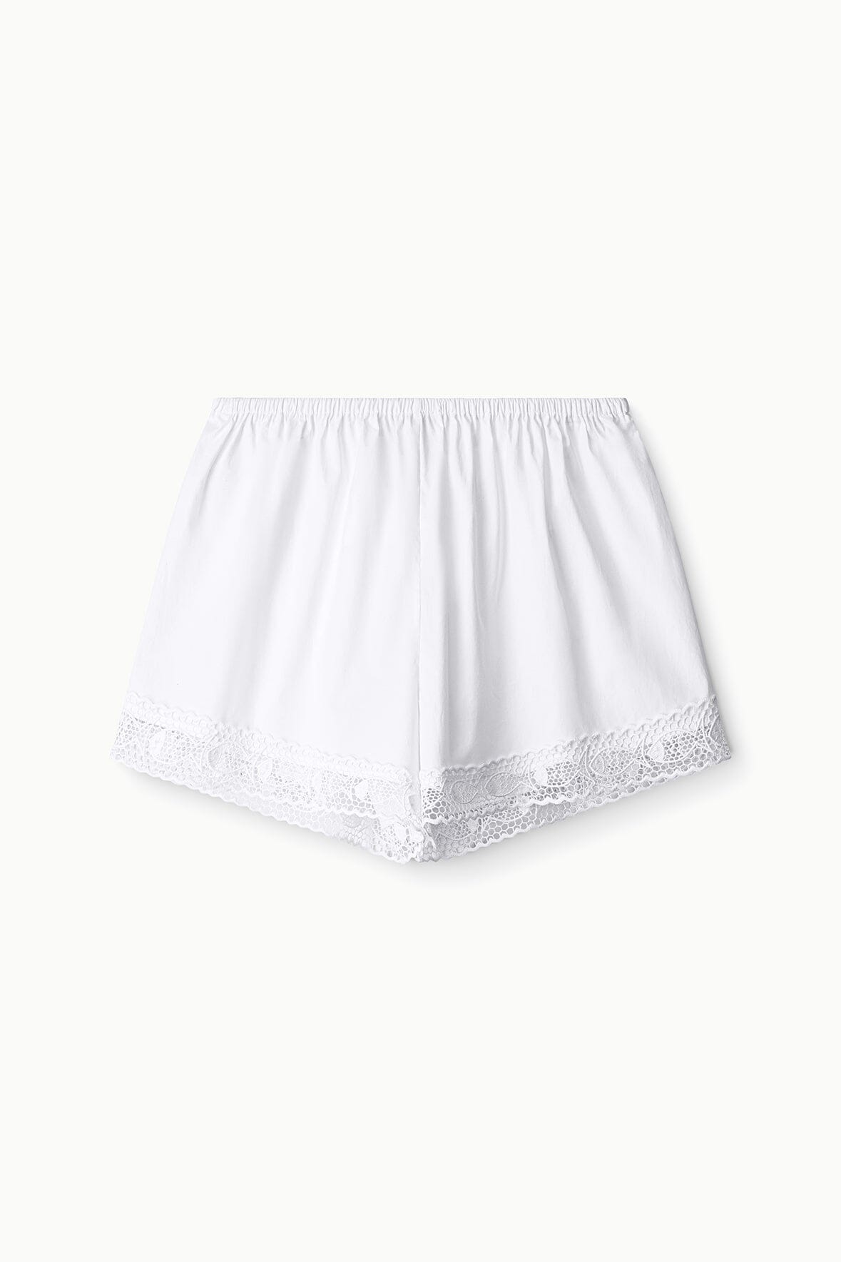 White gathered-waist shorts with lace trim and scalloped hem