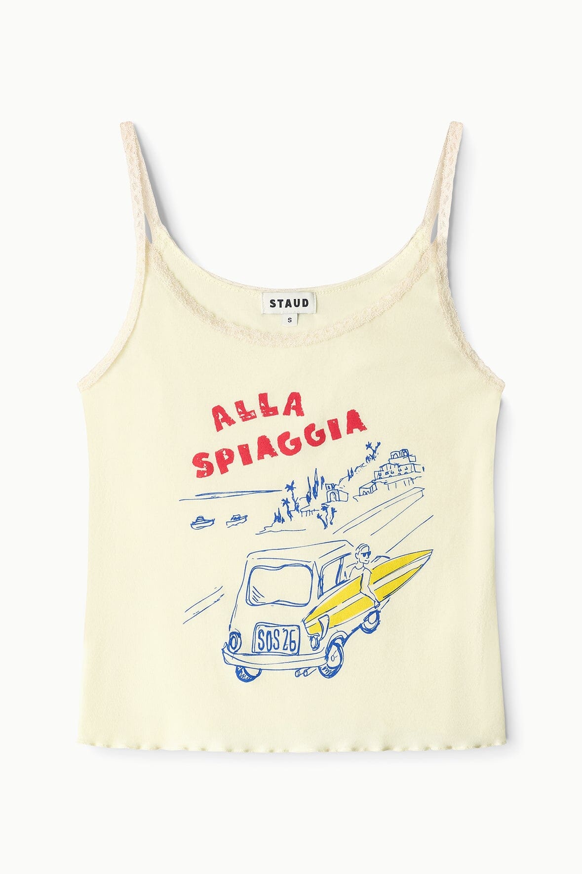 Cream graphic camisole top with small neckline label and thin straps