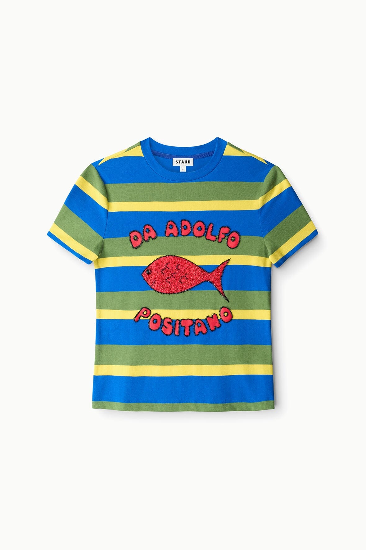 Striped crew-neck tee with blue, green, yellow bands and red fish front graphic