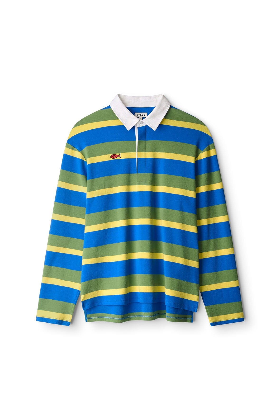 Striped long-sleeve shirt with white point collar, blue, green, and yellow stripes