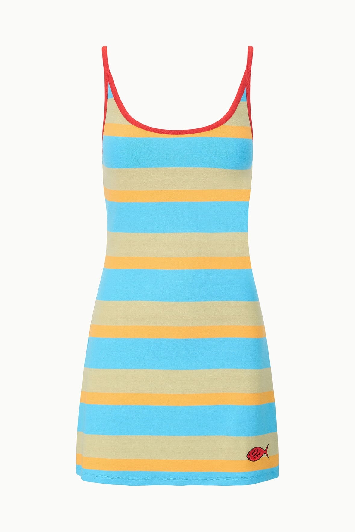 Front view striped tank mini dress with red neckline and blue/yellow horizontal bands
