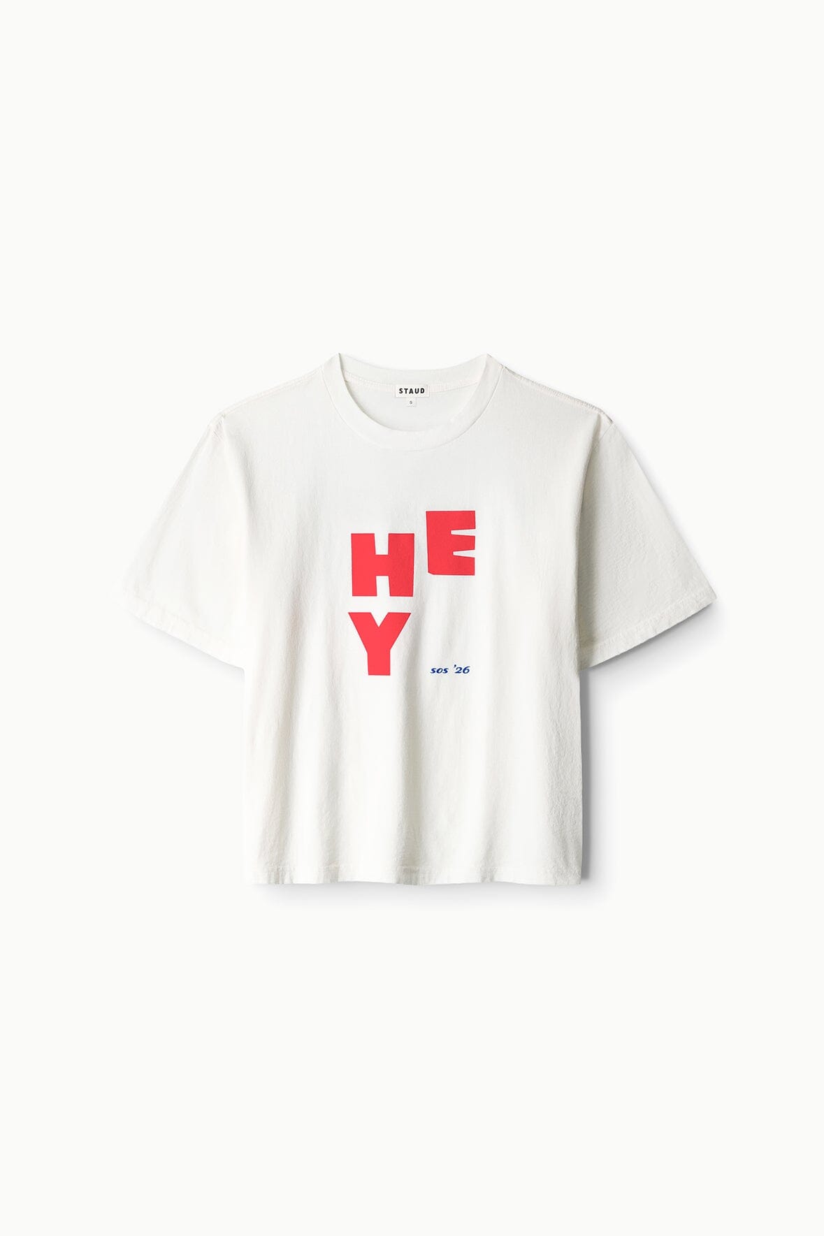 White relaxed tee with red “HEY” graphic and small blue “so’s ’26” text on chest.