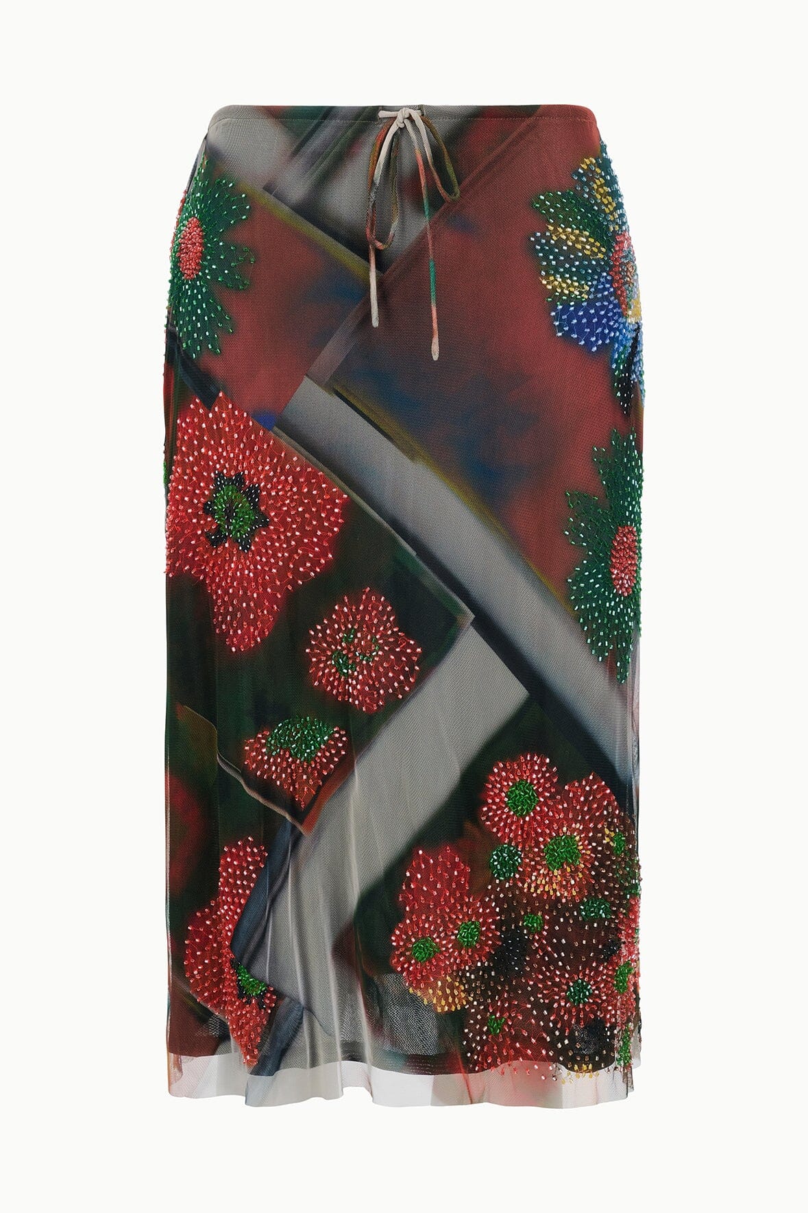LUCIA skirt midi length with tie waistband, sheer multicolor base, and beaded floral motifs