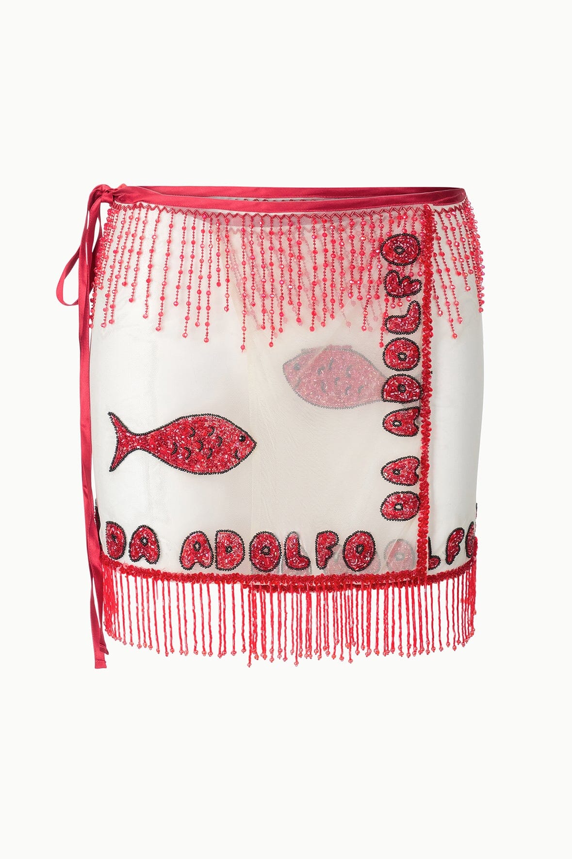 RIVA skirt by DA ADOLFO, close-up of red beaded mini skirt with fringe trim and fish prints