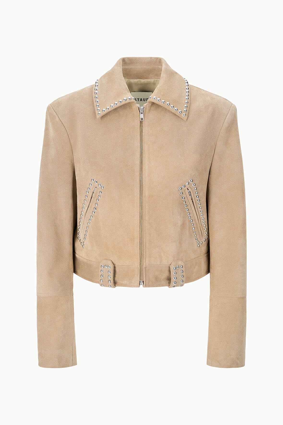 HUGO suede jacket, dune brown; stud-trimmed side panels and zip closure, front view.