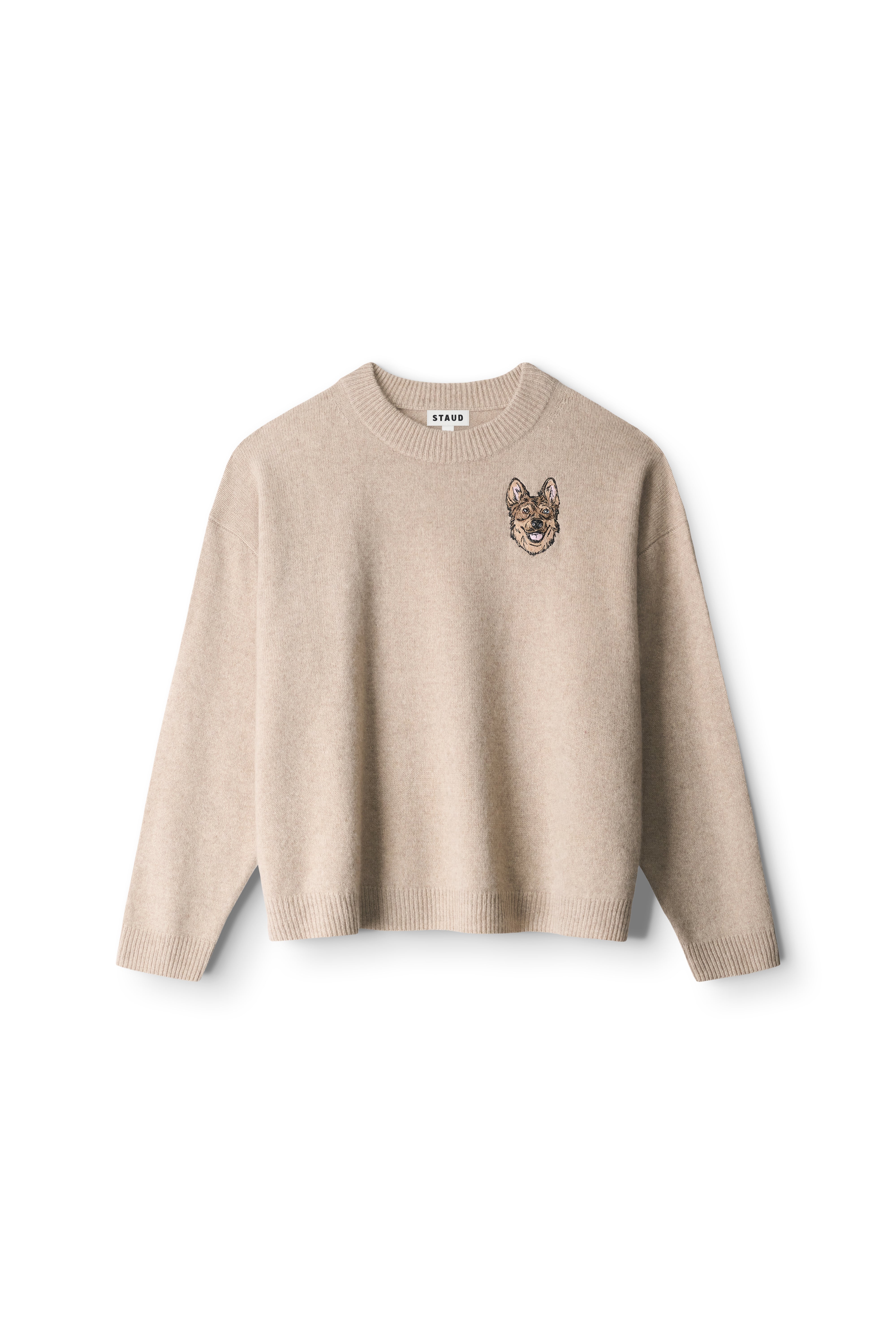 Stone cashmere crewneck sweater with embroidered animal motif on chest
