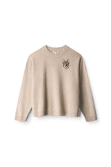 Stone cashmere crewneck sweater with embroidered animal motif on chest